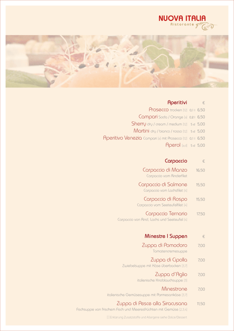 Speisekarte Restaurant Nuova Italia Antipasti