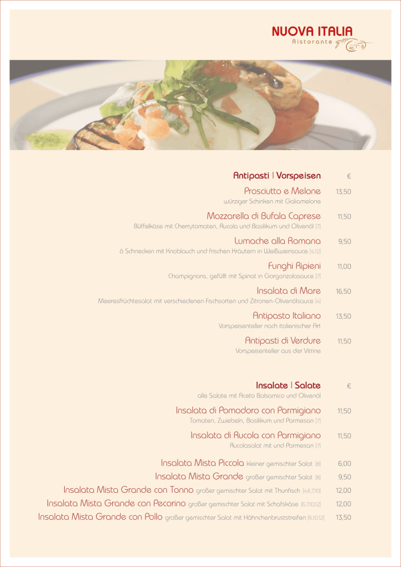 Speisekarte Restaurant Nuova Italia Antipasti