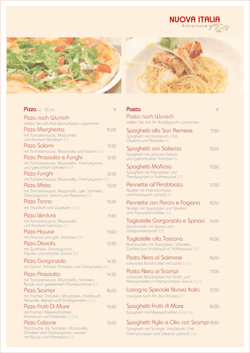 Speisekarte Restaurant Teltow Nuova Italia Pizza und Pasta