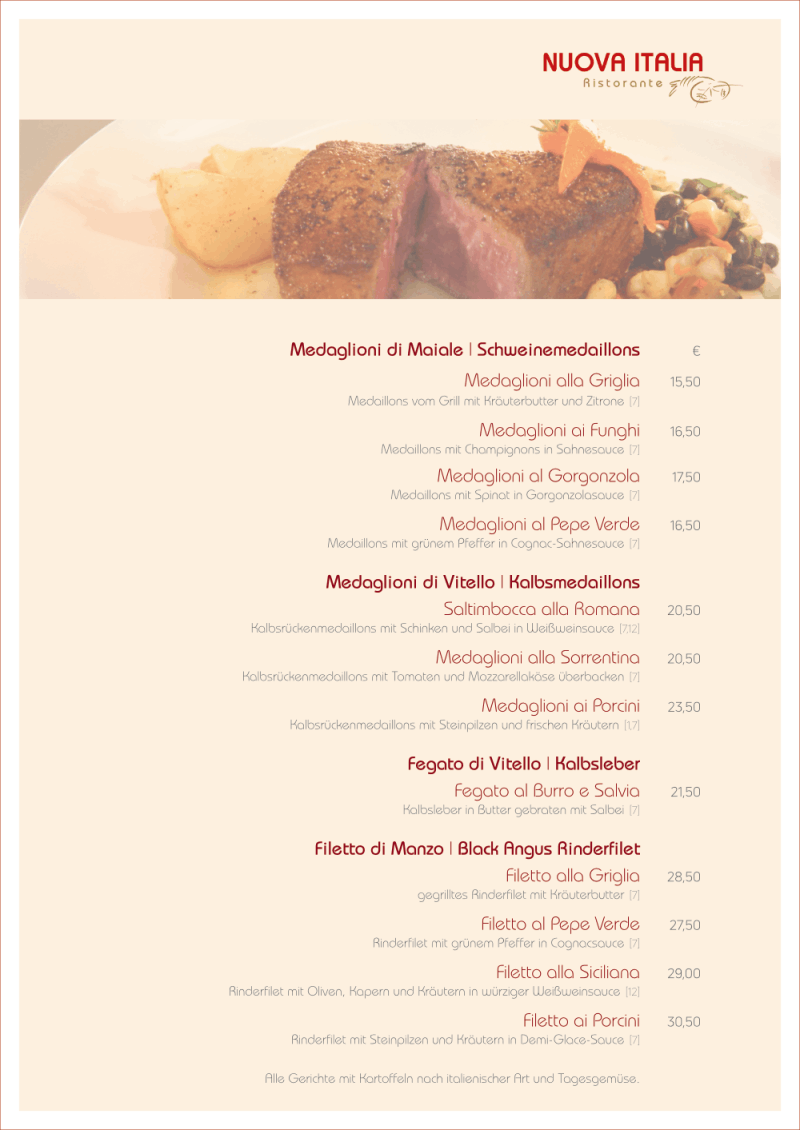 Speisekarte Restaurant Teltow Nuova Italia Fleisch