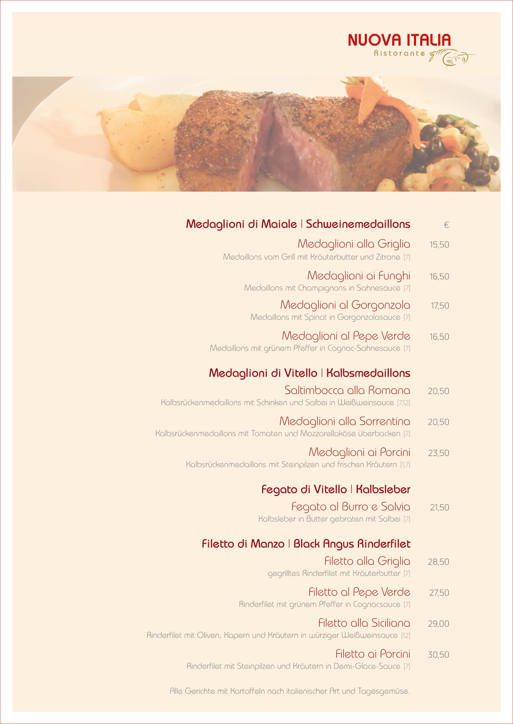 Speisekarte Restaurant Teltow Nuova Italia Fleisch