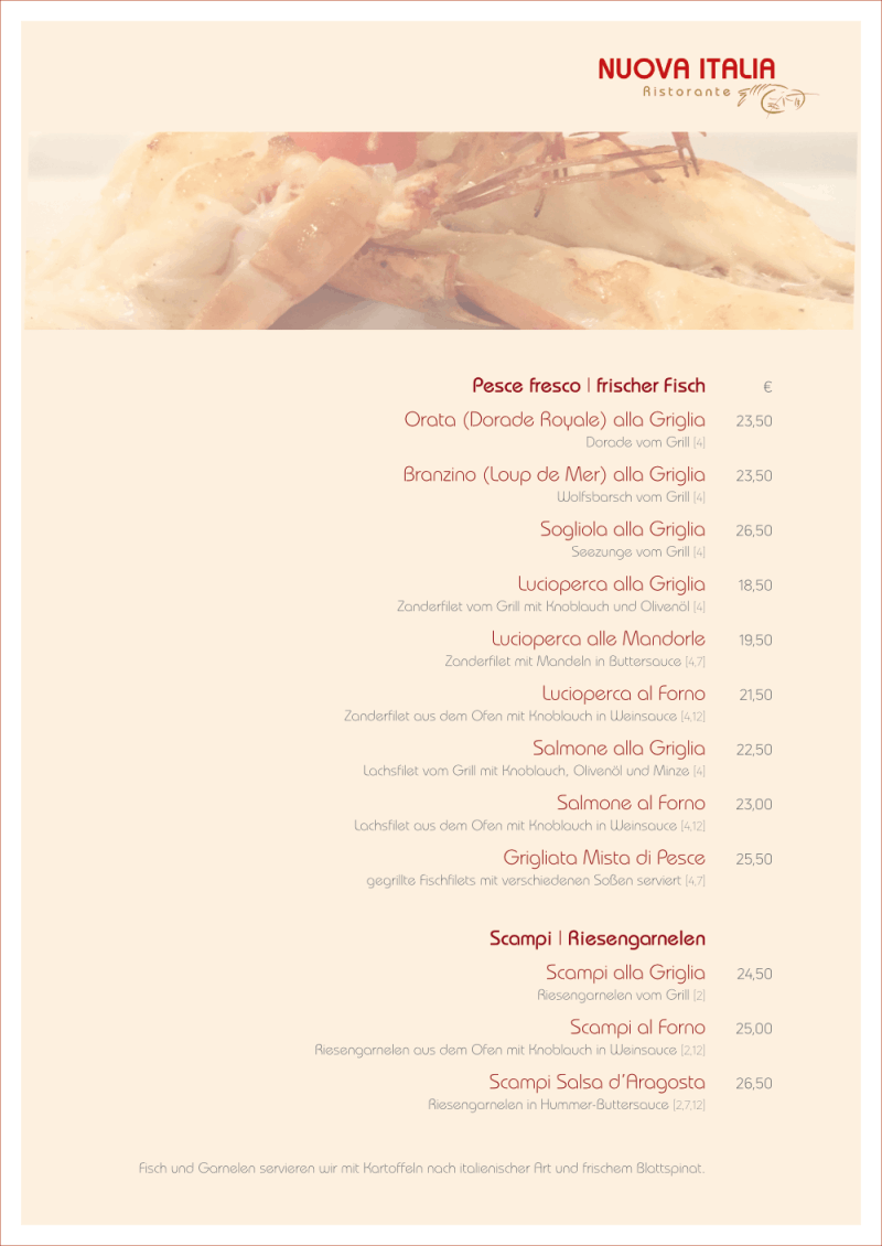 Speisekarte Restaurant Teltow Nuova Italia Fisch