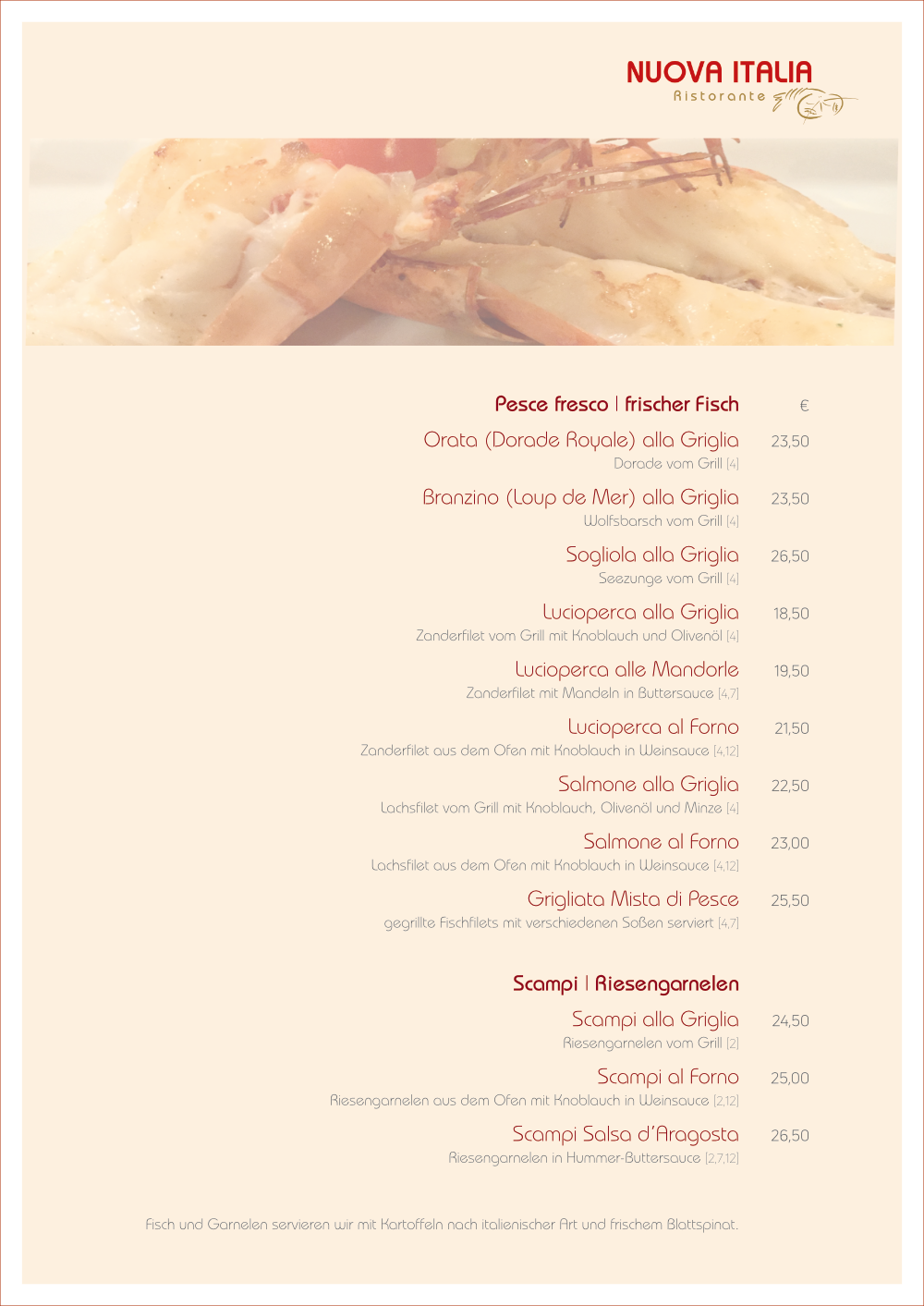 Speisekarte Restaurant Teltow Nuova Italia Fisch