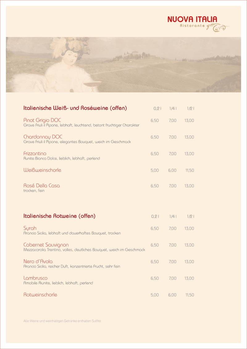 Speisekarte Restaurant Teltow Nuova Italia Wein