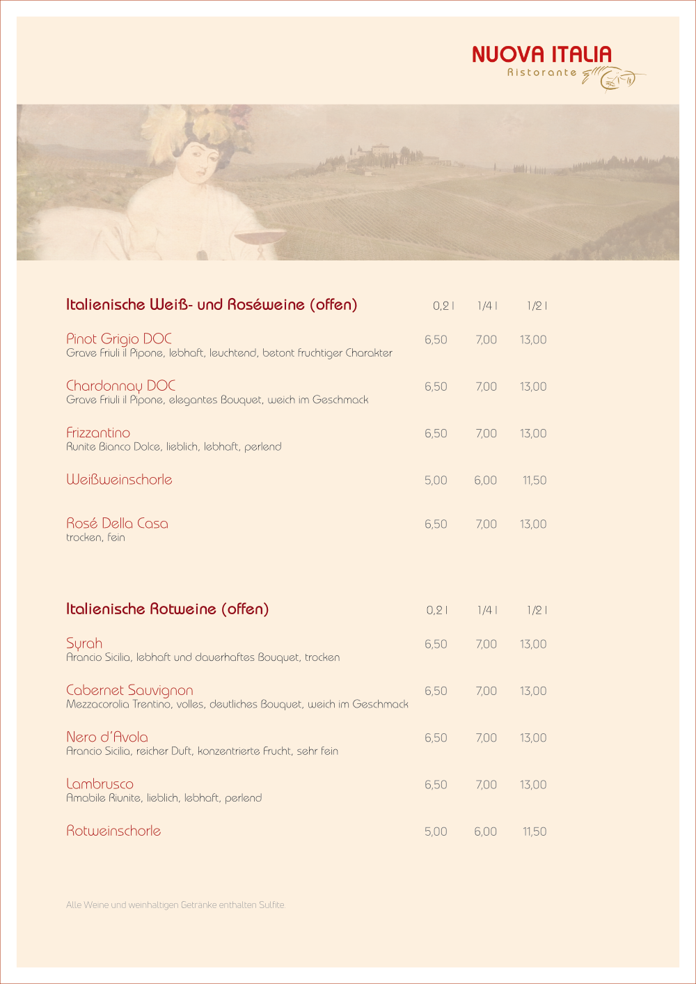 Speisekarte Restaurant Teltow Nuova Italia Wein