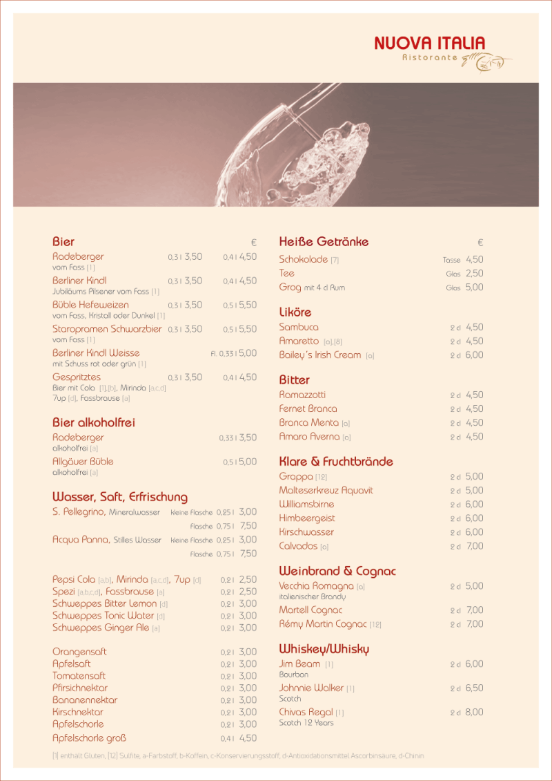 Speisekarte Restaurant Teltow Nuova Italia Getränke