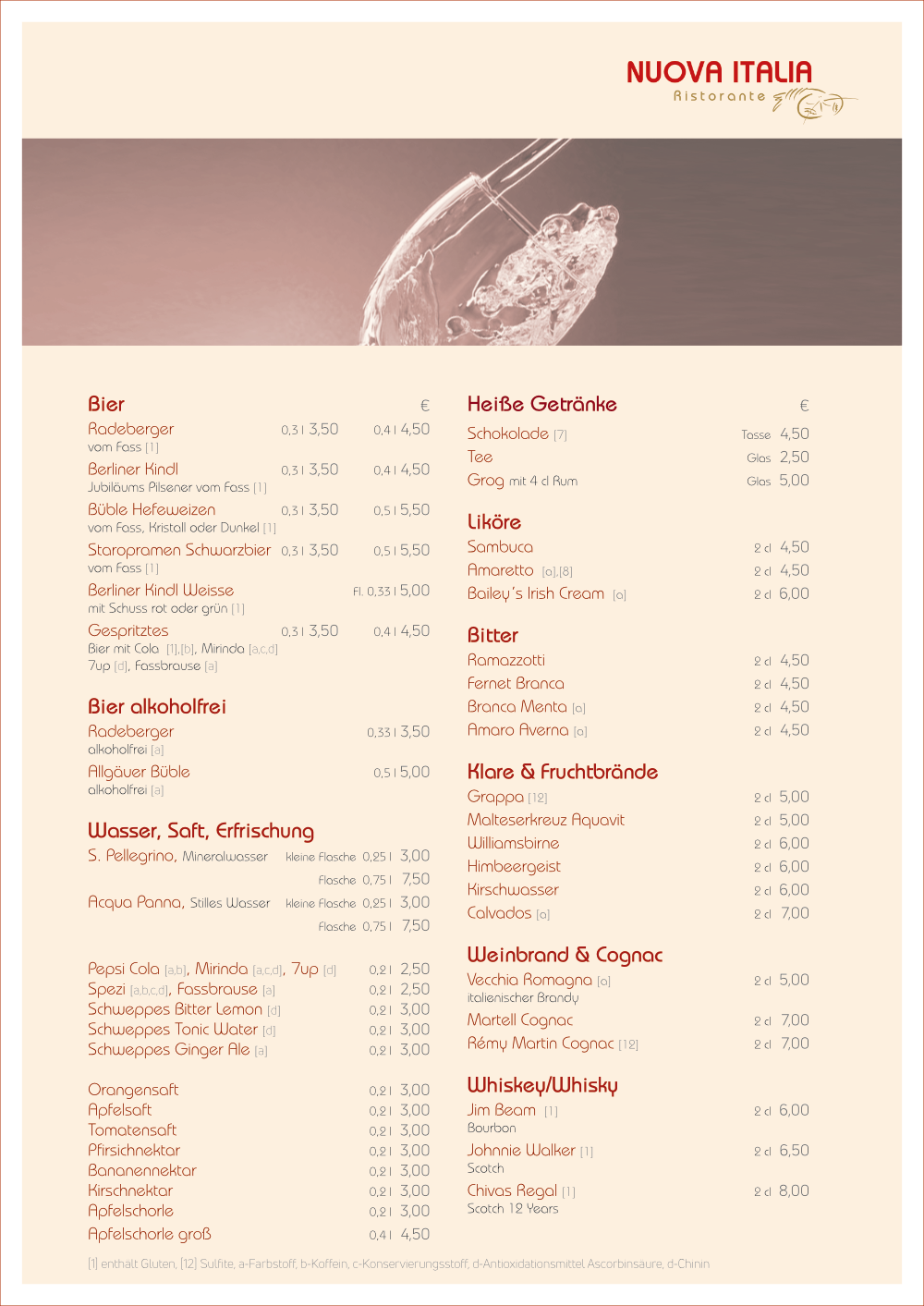 Speisekarte Restaurant Teltow Nuova Italia Getränke